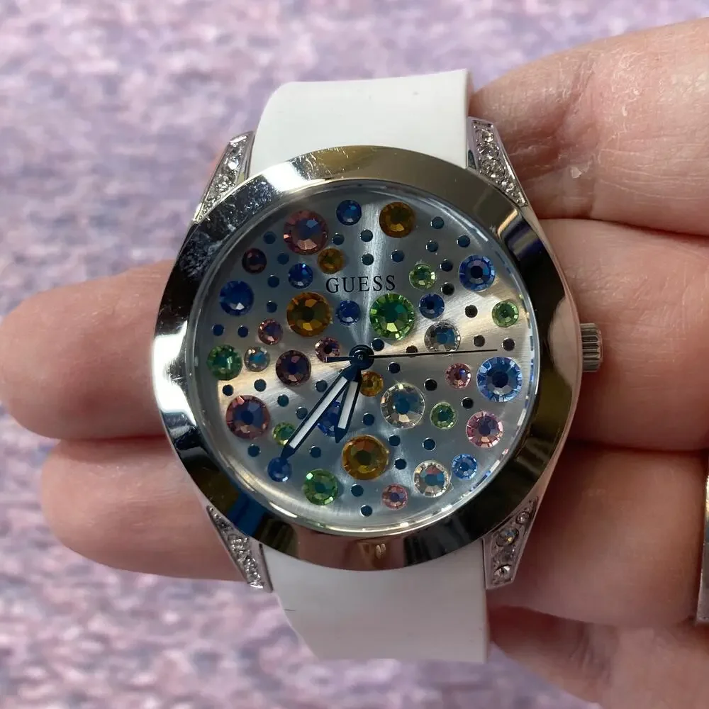 0016 Guess Wanderlust Silver Tone & Pastel Crystals w/White Silicone Strap READ